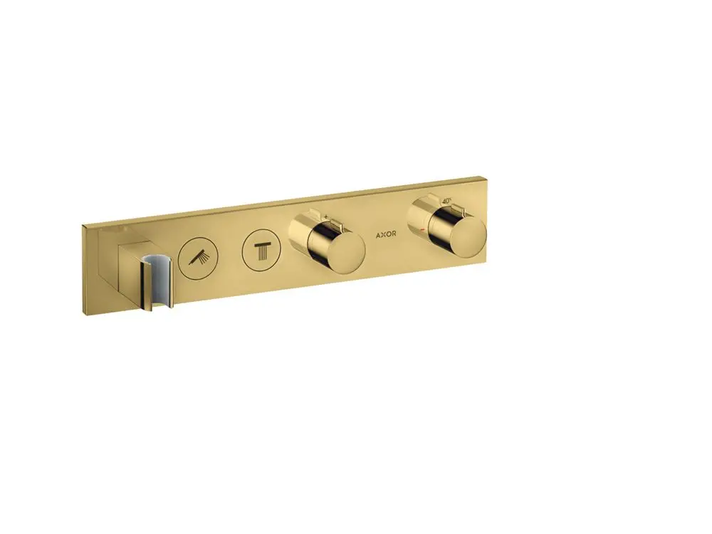 Thermostatmodul von AXOR für die Unterputzmontage, ausgestattet mit zwei Steuerknöpfen und einem Auslass für einen Duschkopf. Oberflächenfinish in Goldoptik.